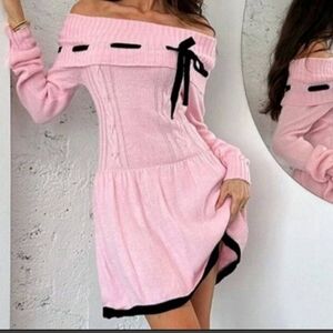 Off-Shoulder Pink Sweater Dress with Black Accents